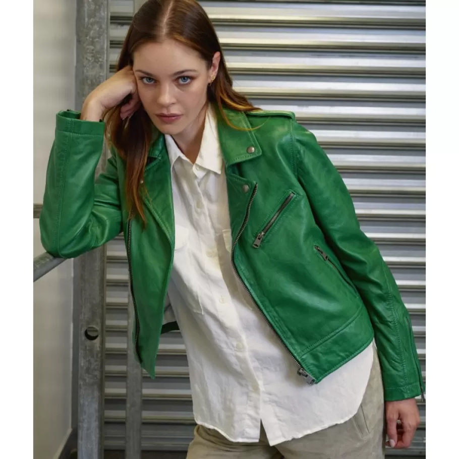 OAKWOOD Boogie Vert - Blouson Epure A Fermeture Asymetrique En Cuir Veritable New