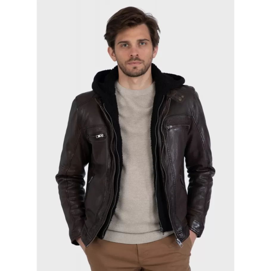 OAKWOOD Drink Marron - Blouson En Cuir Veritable A Capuche Amovible Best