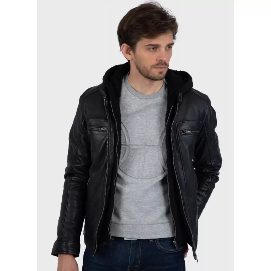 OAKWOOD Drink Noir - Blouson En Cuir Veritable A Capuche Amovible Cheap