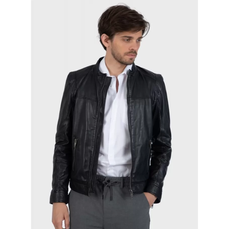 OAKWOOD Dublin Noir - Blouson En Cuir Veritable Lisse Outlet