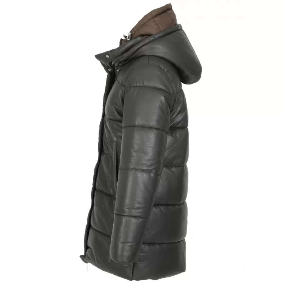 OAKWOOD Fancy Kaki Fonce - Doudoune Mi-Longue En Cuir Veritable Avec Capuches Amovibles Outlet