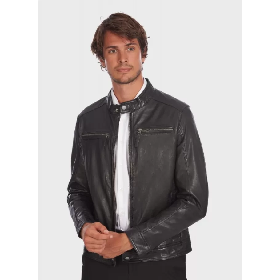 OAKWOOD Gilles 6 Noir - Blouson En Cuir Veritable Col Mao A Bouton Pression Hot