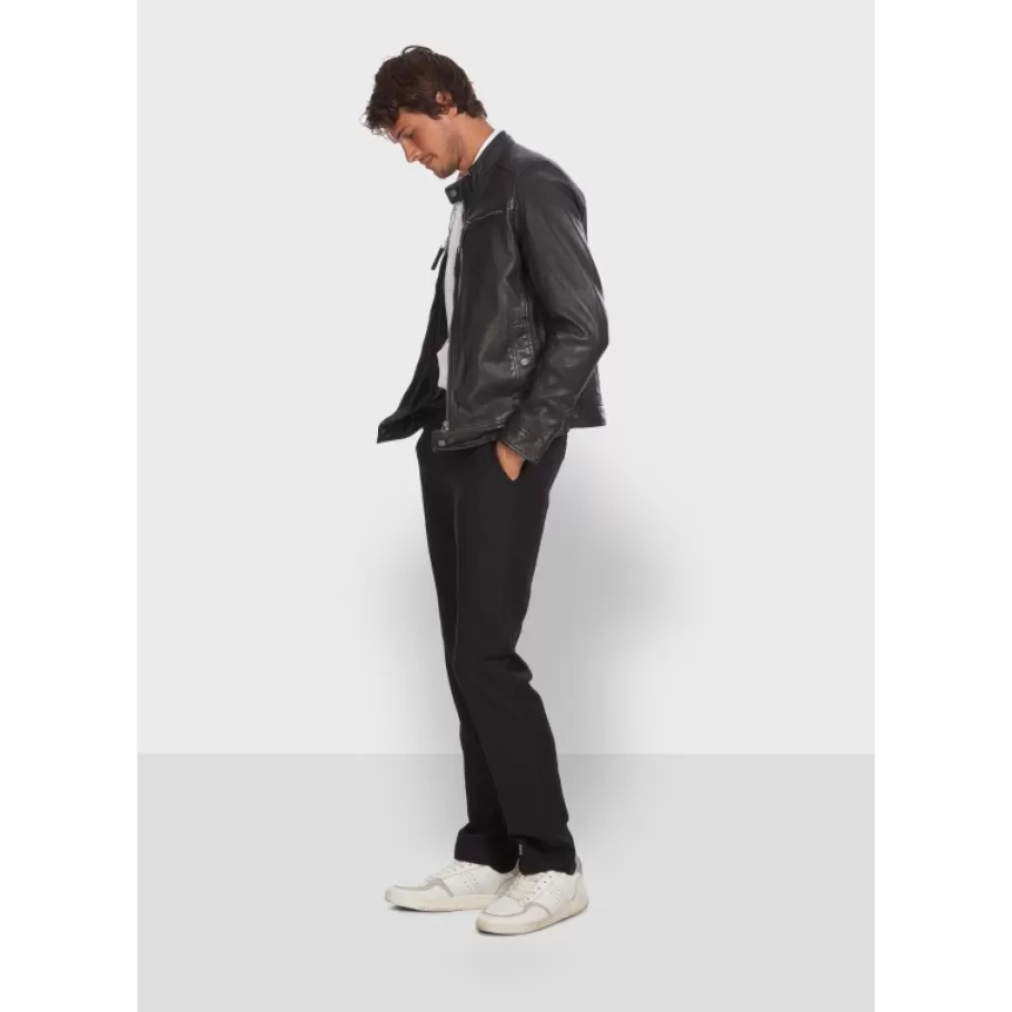 OAKWOOD Gilles 6 Noir - Blouson En Cuir Veritable Col Mao A Bouton Pression Hot