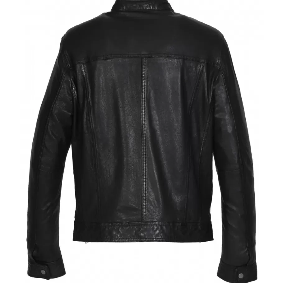 OAKWOOD Gilles 6 Noir - Blouson En Cuir Veritable Col Mao A Bouton Pression Hot