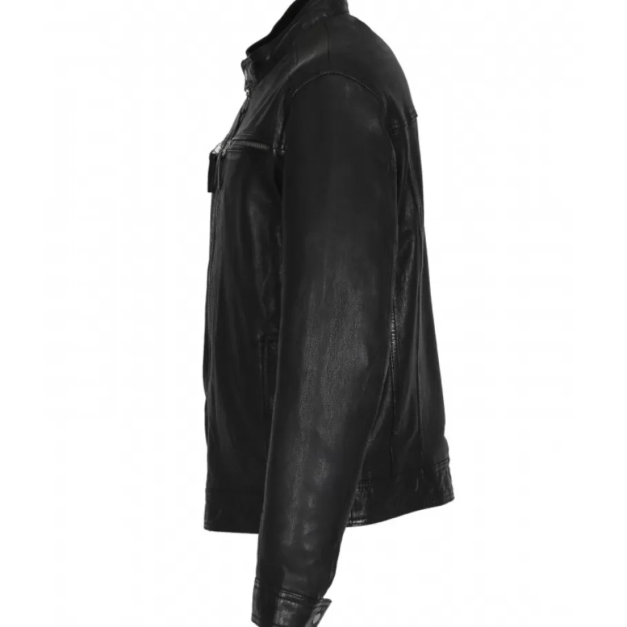 OAKWOOD Gilles 6 Noir - Blouson En Cuir Veritable Col Mao A Bouton Pression Hot