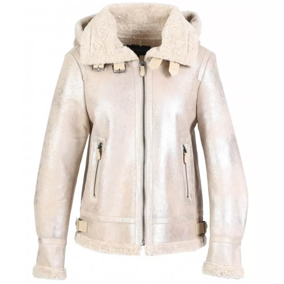 OAKWOOD Gloria Platine - Bombardier Court A Capuche En Tissu Effet Mouton Retourne Shop