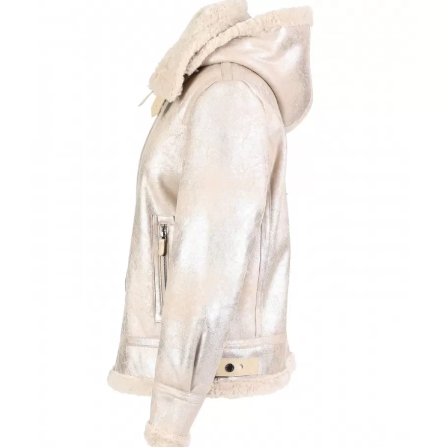 OAKWOOD Gloria Platine - Bombardier Court A Capuche En Tissu Effet Mouton Retourne Shop