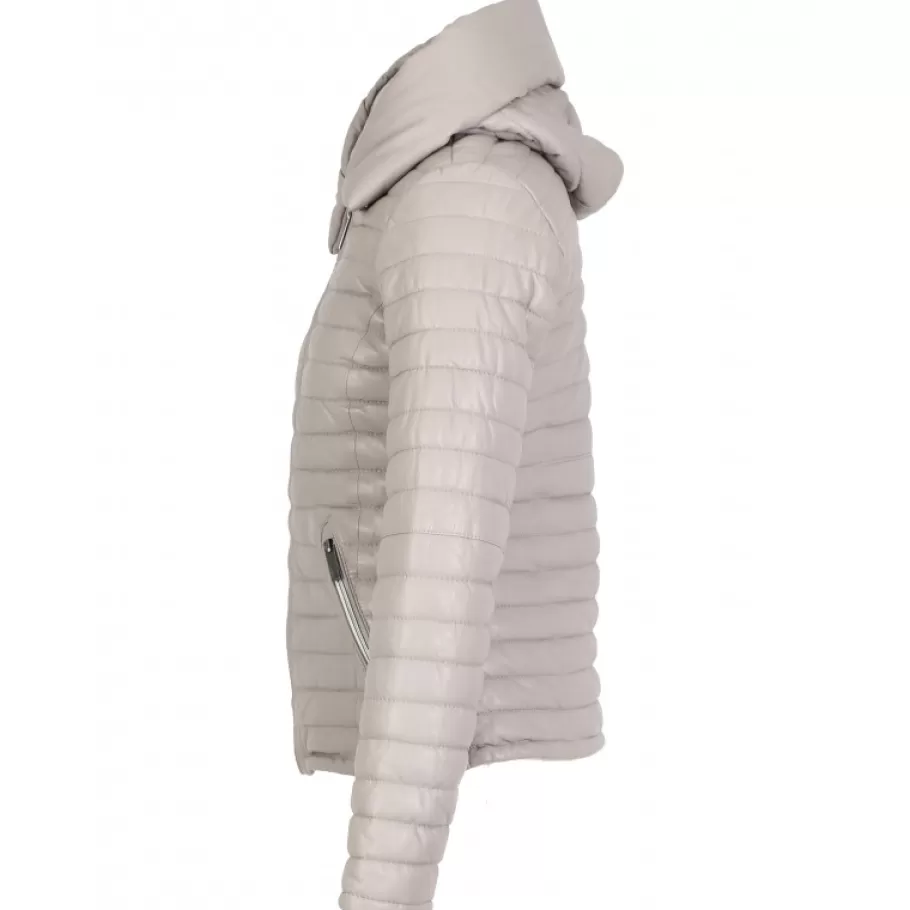 OAKWOOD Hyper Gris Clair - Doudoune Courte En Cuir Veritable Capuche A Revers New