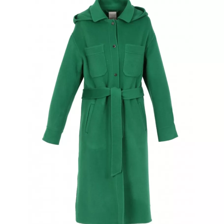 OAKWOOD Impulsion Vert - Manteau Long Oversize En Laine Melangee Capuche Amovible & Ceinture A Nouer Cheap