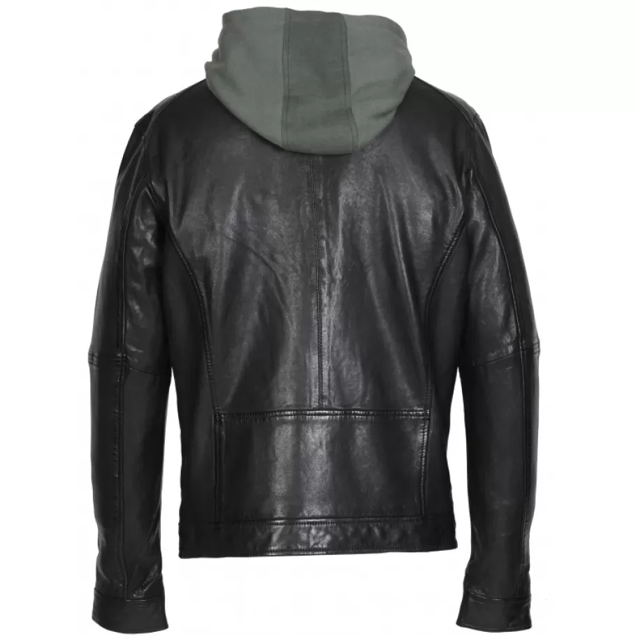 OAKWOOD Kingsley Noir - Blouson En Cuir Veritable Effet Lave & Capuche Amovible Shop