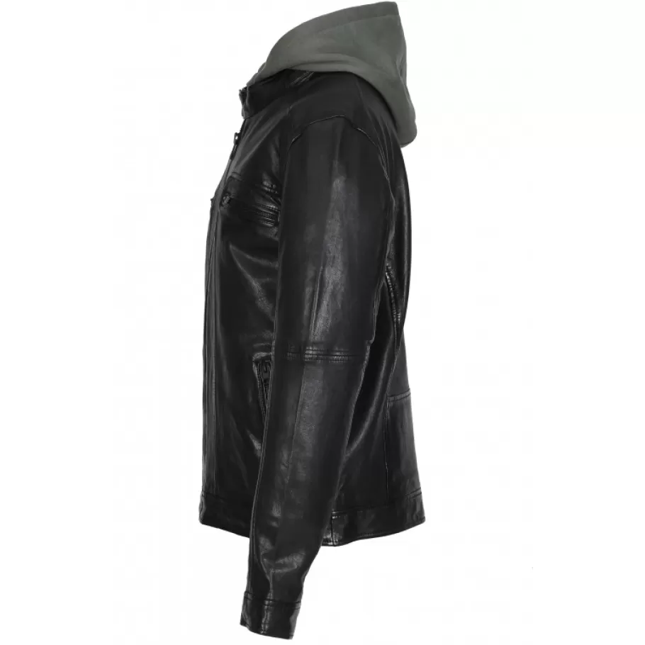OAKWOOD Kingsley Noir - Blouson En Cuir Veritable Effet Lave & Capuche Amovible Shop