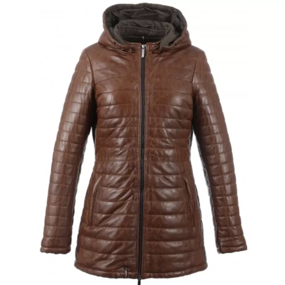 OAKWOOD Popping Cognac - Doudoune Longue En Cuir Veritable Bicolore Flash Sale