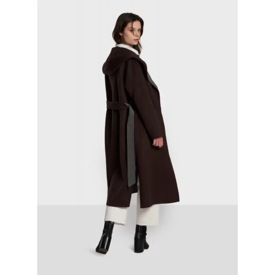 OAKWOOD Positano Bi Marron Fonce/Gris - Manteau Long En Laine A Capuche Online
