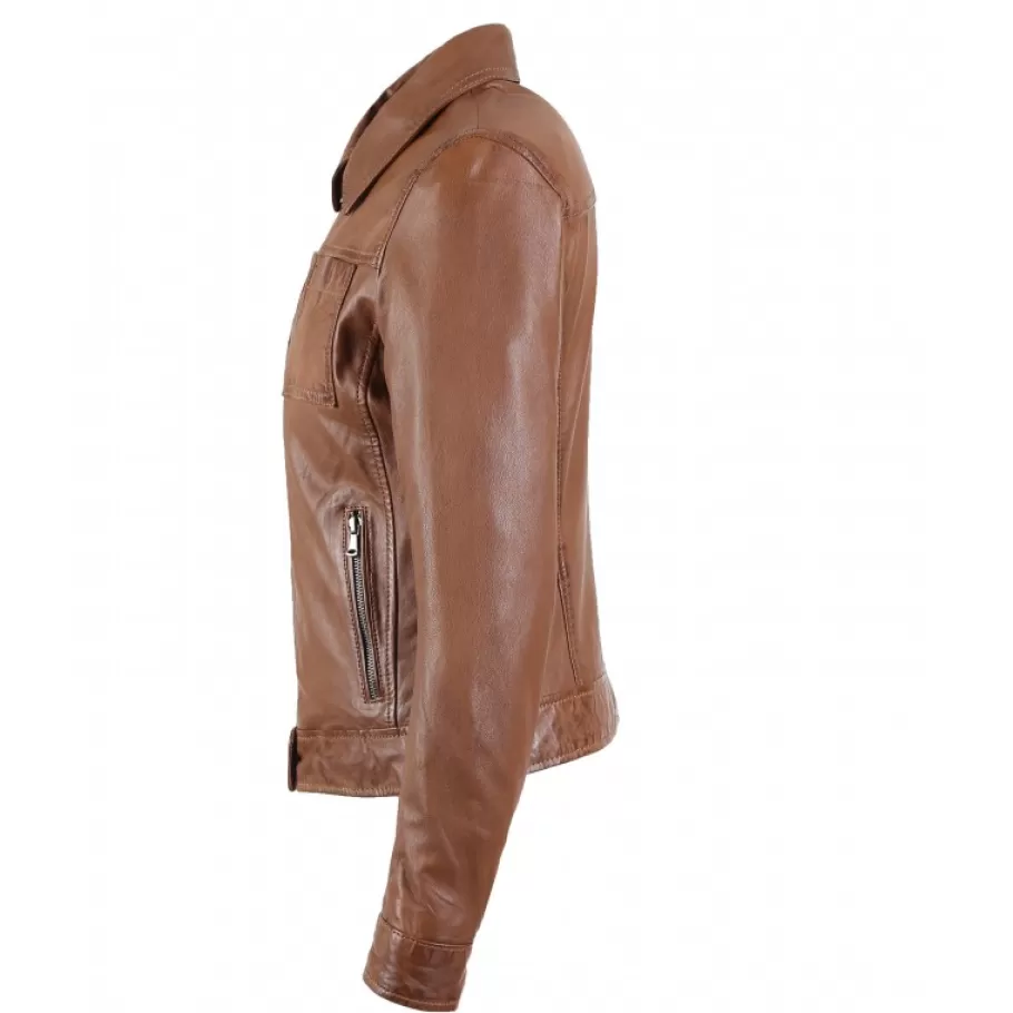 OAKWOOD Recital 6 Cognac - Blouson Col Chemise En Cuir Veritable Effet Lave Cheap