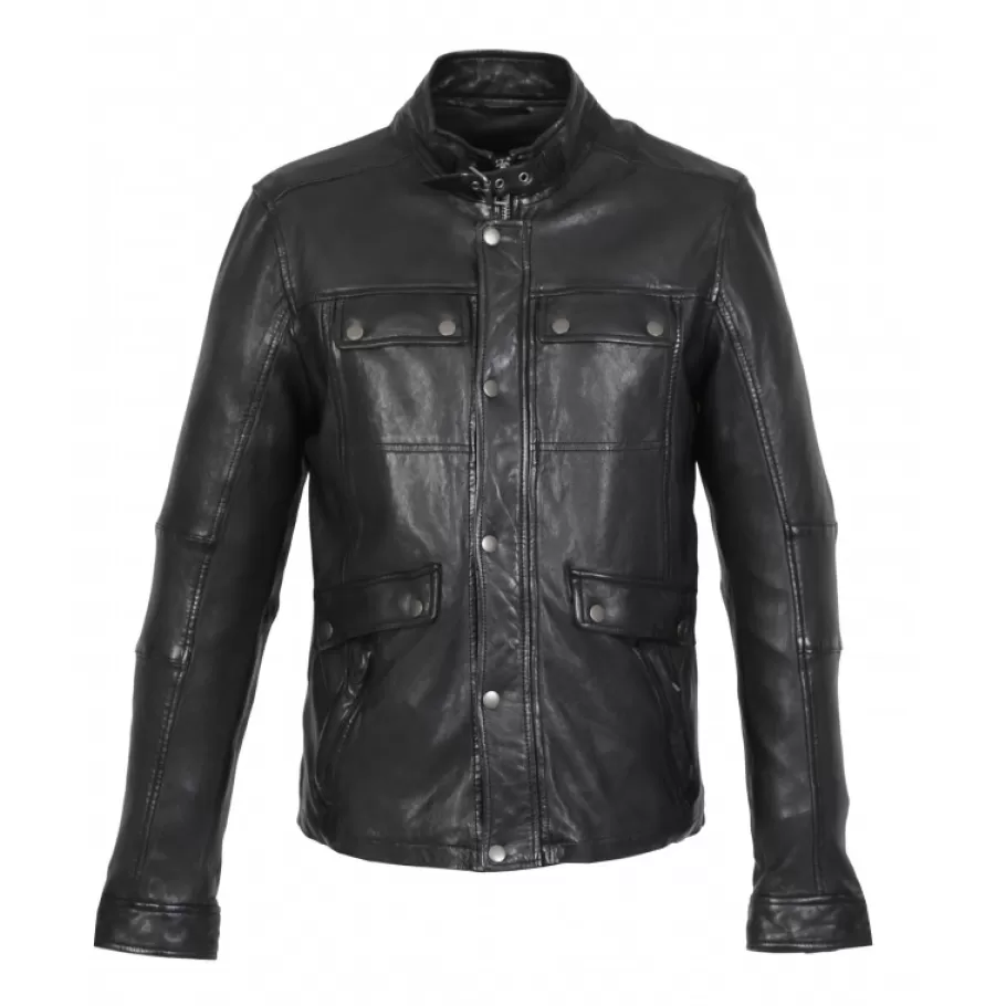 OAKWOOD Trucker Noir - Blouson Col Haut En Cuir Veritable Outlet