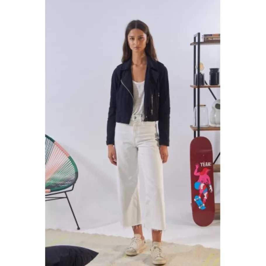 OAKWOOD Zulina Bleu Marine - Blouson Biker Court Cuir Veritable Chevre Velours New