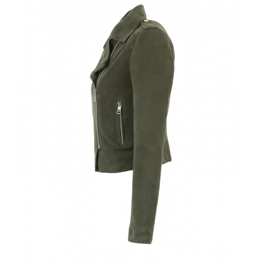 OAKWOOD Zulina Kaki Fonce- Blouson Biker Court Cuir Veritable Chevre Velours Flash Sale