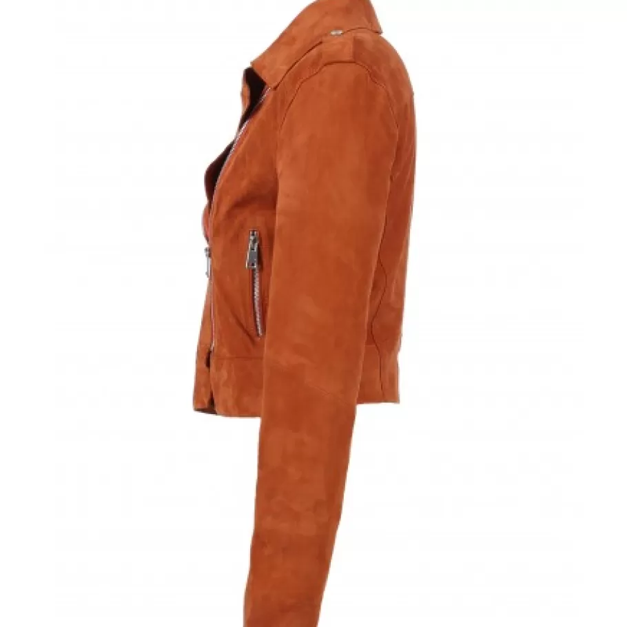 OAKWOOD Zulina Orange- Blouson Biker Court Cuir Veritable Chevre Velours Store